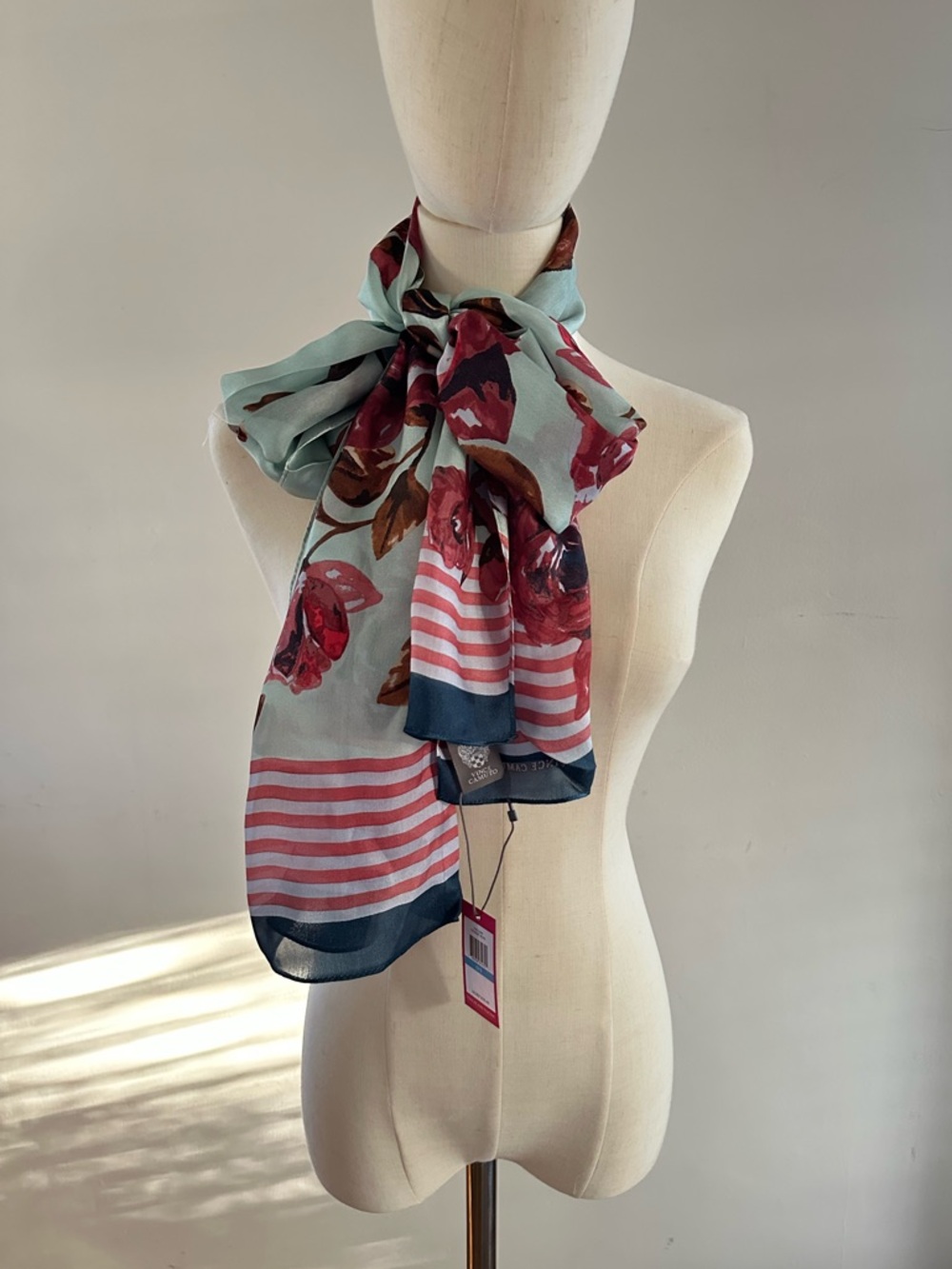 Vince Camuto 100% Silk Floral Scarf Blue Red Stripe Border NWT
